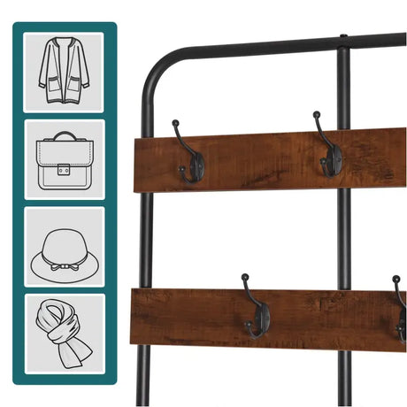 Industriële BukkitBow kledingrek met 7 haken, schoenenrek en garderobe organizer, 84x180x36 cm, voor jassen, sjaals en hoeden.