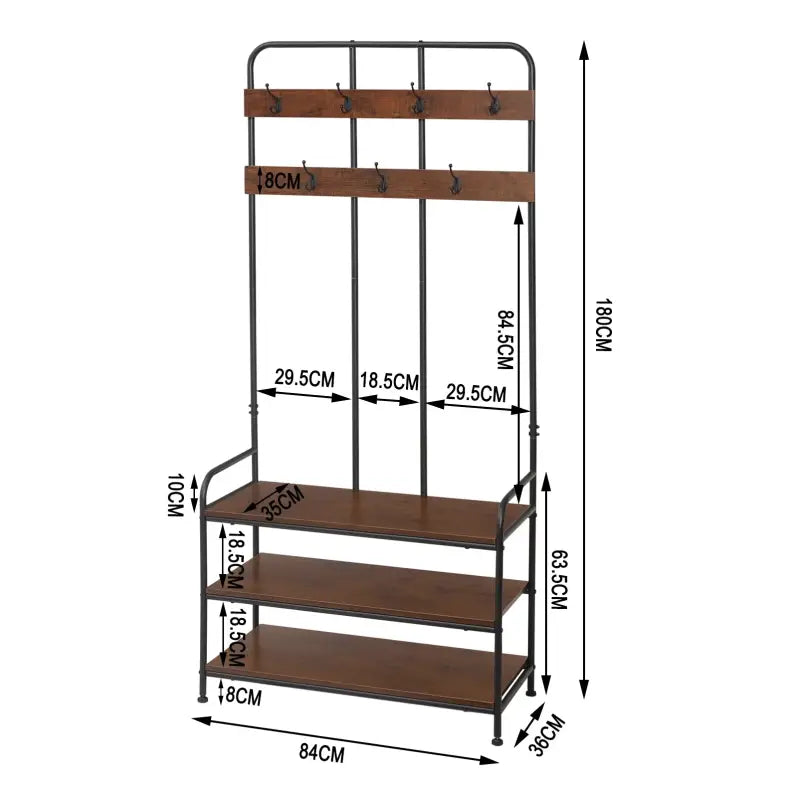 Industriële BukkitBow kledingrek met 7 haken, schoenenrek en garderobe organizer, afmetingen 84x180x36cm, voor jassen, sjaals en hoeden.