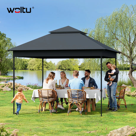 Inklapbare BukkitBow partytent 3x3m met dubbel dak en muggennet, geschikt voor buitenfeestjes en evenementen.