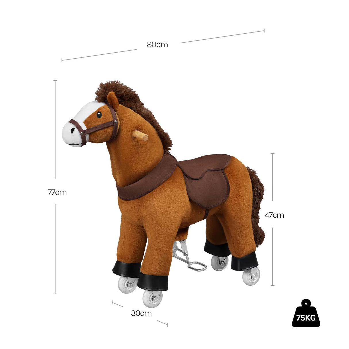 Interactief pluche rijpaard van BukkitBow met wielen en geluid, geschikt als hobbypaard, zacht en kleurrijk speelgoed.