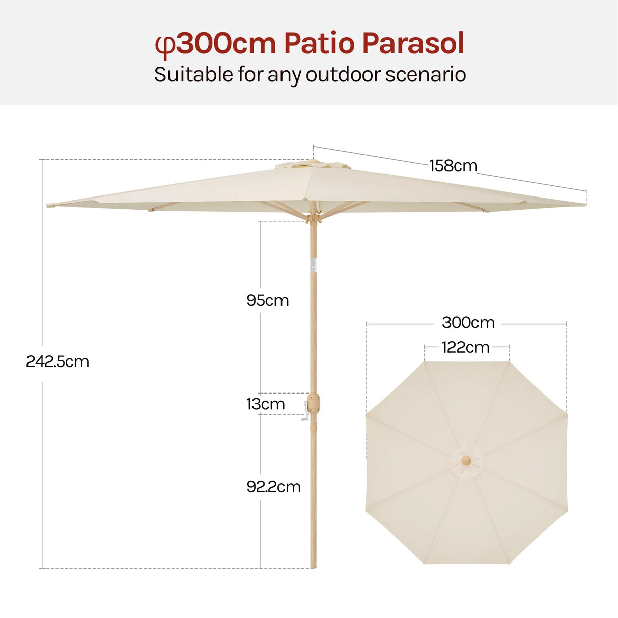 BukkitBow kantelbare tuinparasol met sling, 300cm diameter, UV-beschermend en geschikt voor buitengebruik.