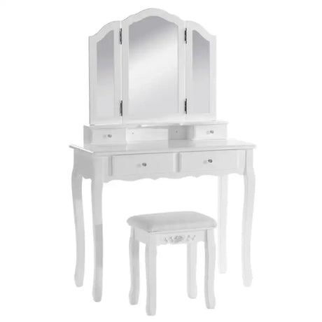 BukkitBow kaptafel met 3-delige spiegel, 4 lades en kruk, stijlvolle make-up tafel met houten afwerking en ruime opbergmogelijkheden