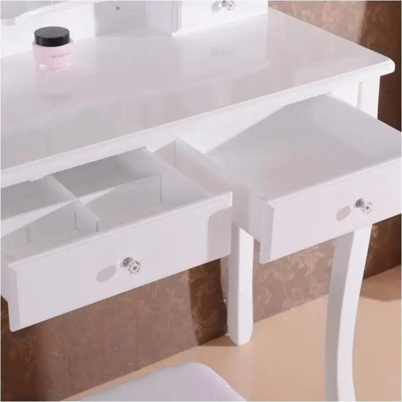 BukkitBow kaptafel met 3-delige spiegel, 4 lades en kruk, moderne make-up tafel van 90x145x40cm in wit houtdesign.