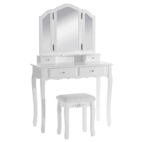 BukkitBow kaptafel met 3-delige spiegel, 4 lades, inclusief kruk, make-up tafel, afmetingen 90x145x40 cm, in een lichte kamer