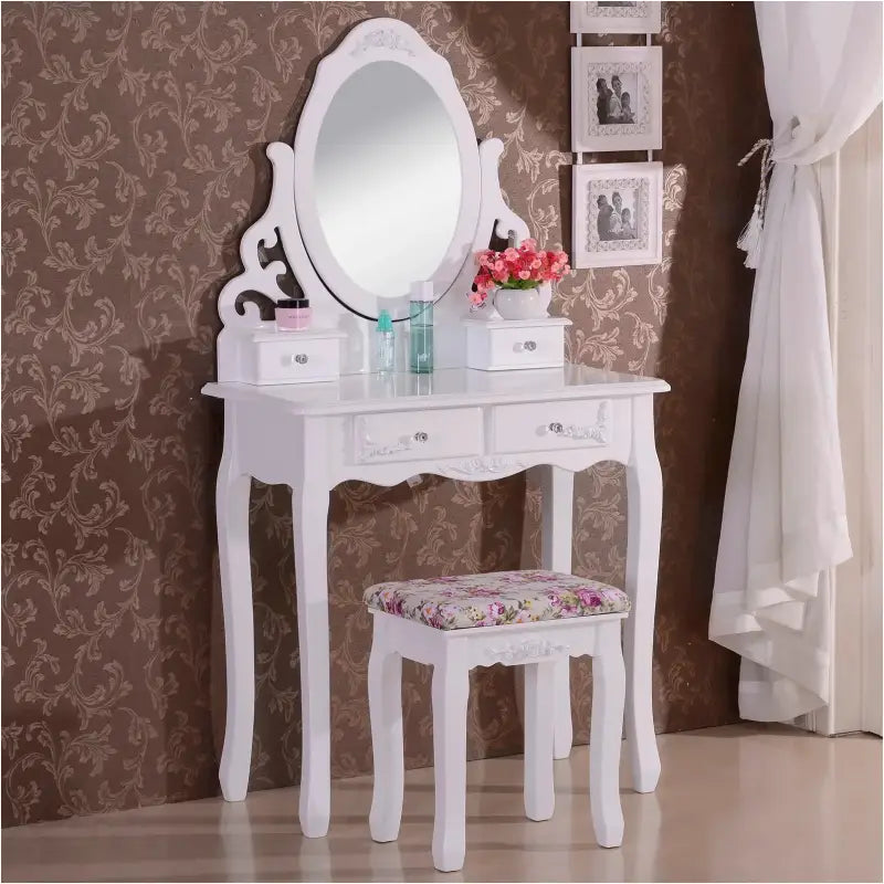 BukkitBow kaptafel met spiegel, vier lades en bijpassende kruk, luxe make-up tafel met houten afwerking en ruime opbergruimte