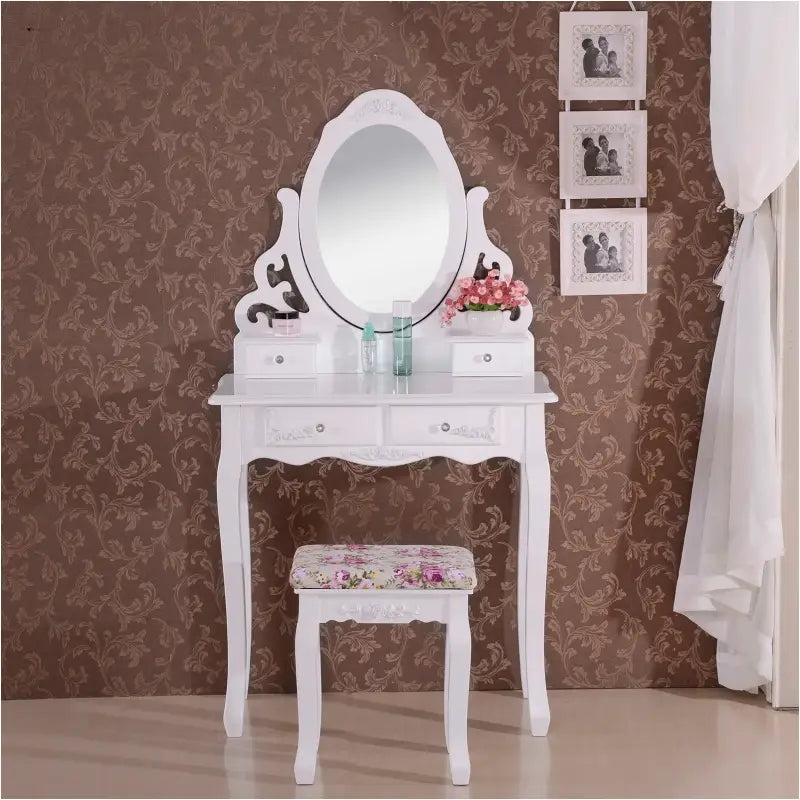 BukkitBow kaptafel met spiegel, 4 lades, houten kruk, make-up tafel, afmetingen 75x139x40cm, elegante en praktische meubel.