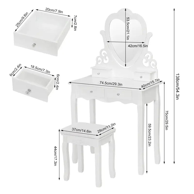 BukkitBow make-up tafel met spiegel, 2 grote en 2 kleine laden, inclusief kruk, in wit en houtafwerking, afmetingen 140x75x40cm.