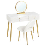 BukkitBow make-up tafel met LED-verlichting, ronde spiegel, drie grote laden en bijpassende kruk, afmetingen 100x80x40 cm.