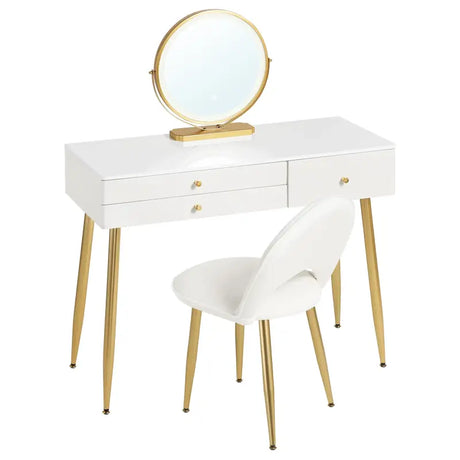 BukkitBow make-up tafel met LED-verlichting, ronde spiegel, drie grote laden en bijpassende kruk, afmetingen 100x80x40 cm.