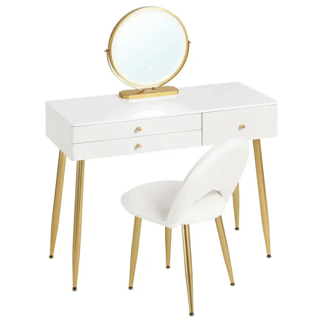 BukkitBow make-up tafel met LED-verlichting, ronde spiegel, drie grote laden en bijpassende kruk, afmetingen 100x80x40 cm.
