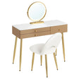 BukkitBow make-up tafel met LED-verlichting, ronde spiegel, 3 grote laden en bijpassende kruk, afmetingen 100x80x40cm.
