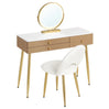 BukkitBow make-up tafel met LED-verlichting, ronde spiegel, 3 grote laden en bijpassende kruk, afmetingen 100x80x40cm.