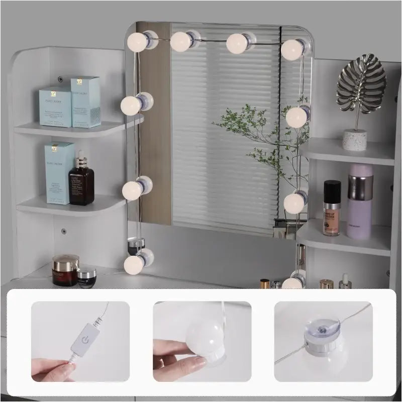 BukkitBow kaptafel met spiegel en LED-verlichting, 90x75x45 cm, houten make-up tafel met opbergruimte en stijlvolle uitstraling.