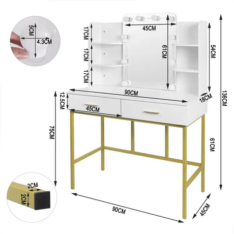 BukkitBow kaptafel met spiegel en LED-verlichting, 90x75x45 cm, stijlvolle make-up tafel met opbergruimte en verlichte spiegel