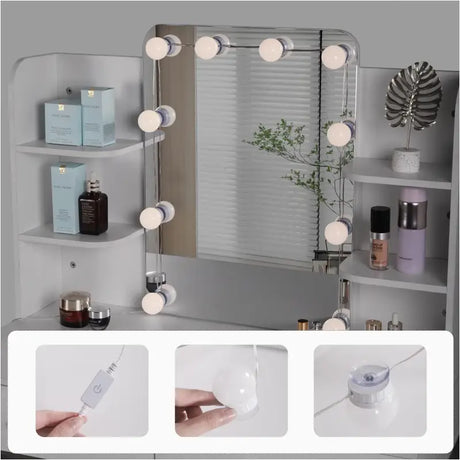 BukkitBow kaptafel met spiegel en LED-verlichting, 90x75x45 cm, stijlvolle make-up tafel met opbergruimte en verlichting.