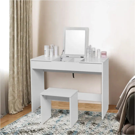 BukkitBow kaptafel met kruk, inklapbare spiegel en opbergruimte, ideaal voor make-up en sieraden in de slaapkamer