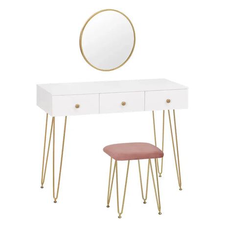 BukkitBow kaptafel met krukje en spiegel, goudkleurige poten, afmetingen 100x40x80cm, elegante houten meubel voor slaapkamer