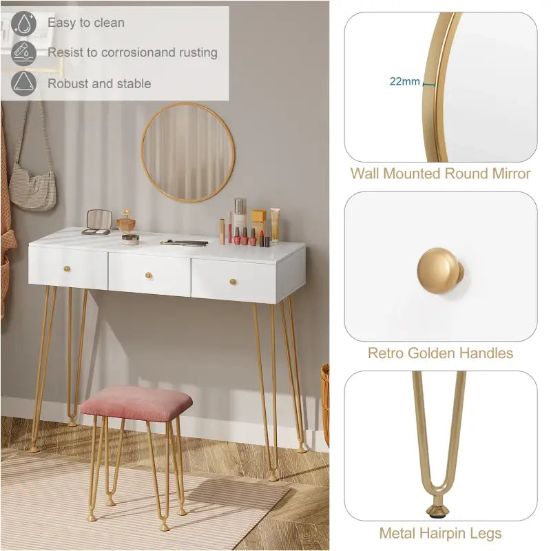BukkitBow kaptafel met krukje en spiegel, gouden poten, 100x40x80cm, stijlvolle houten meubel voor make-up en haar.