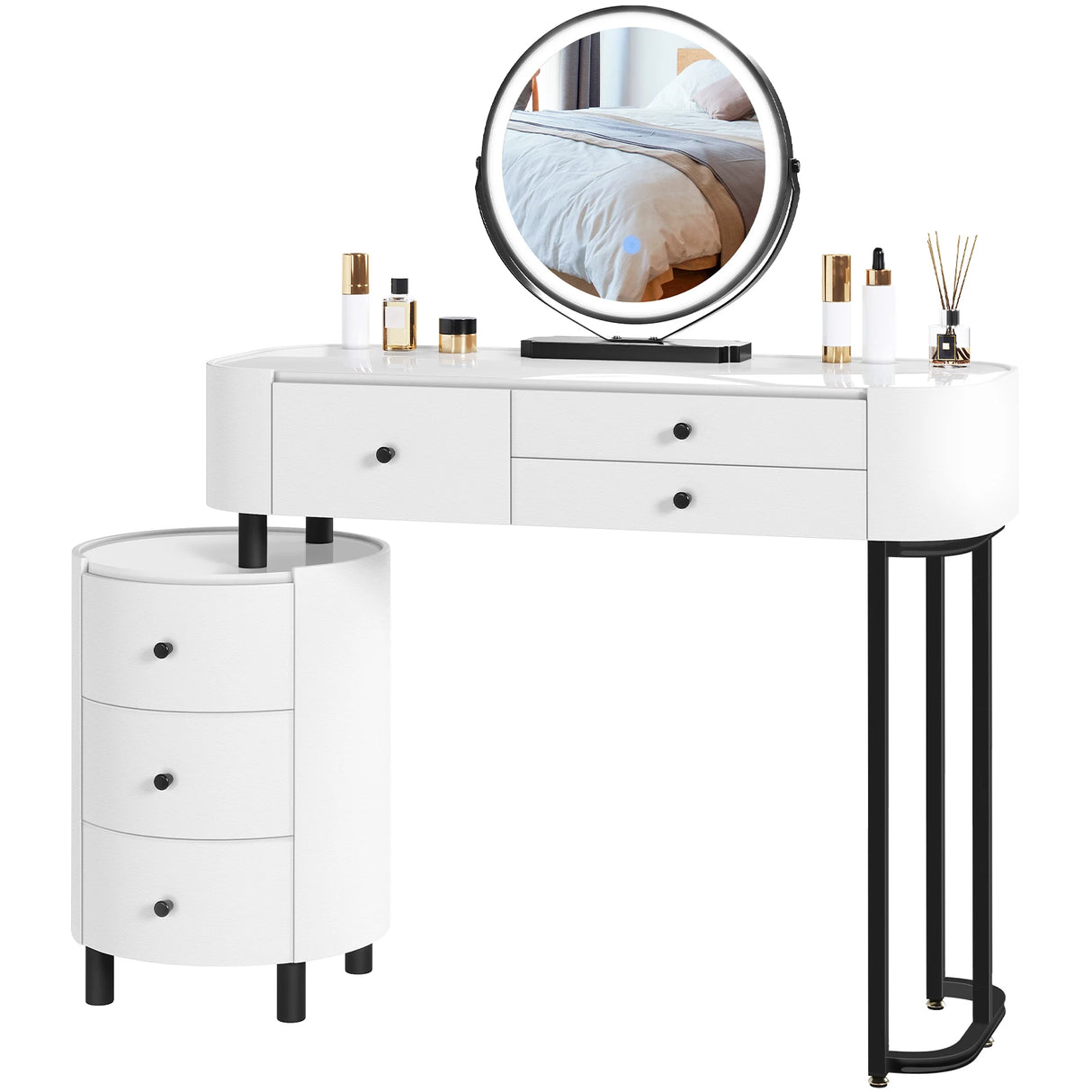 BukkitBow kaptafel met LED-verlichting, draaibare spiegel, zijkast en drie kleurinstellingen voor slaapkamer make-uptafel
