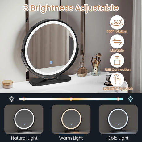 BukkitBow kaptafel met LED-verlichting in drie kleuren, draaibare spiegel en zijkast, ideale make-uptafel voor slaapkamer.