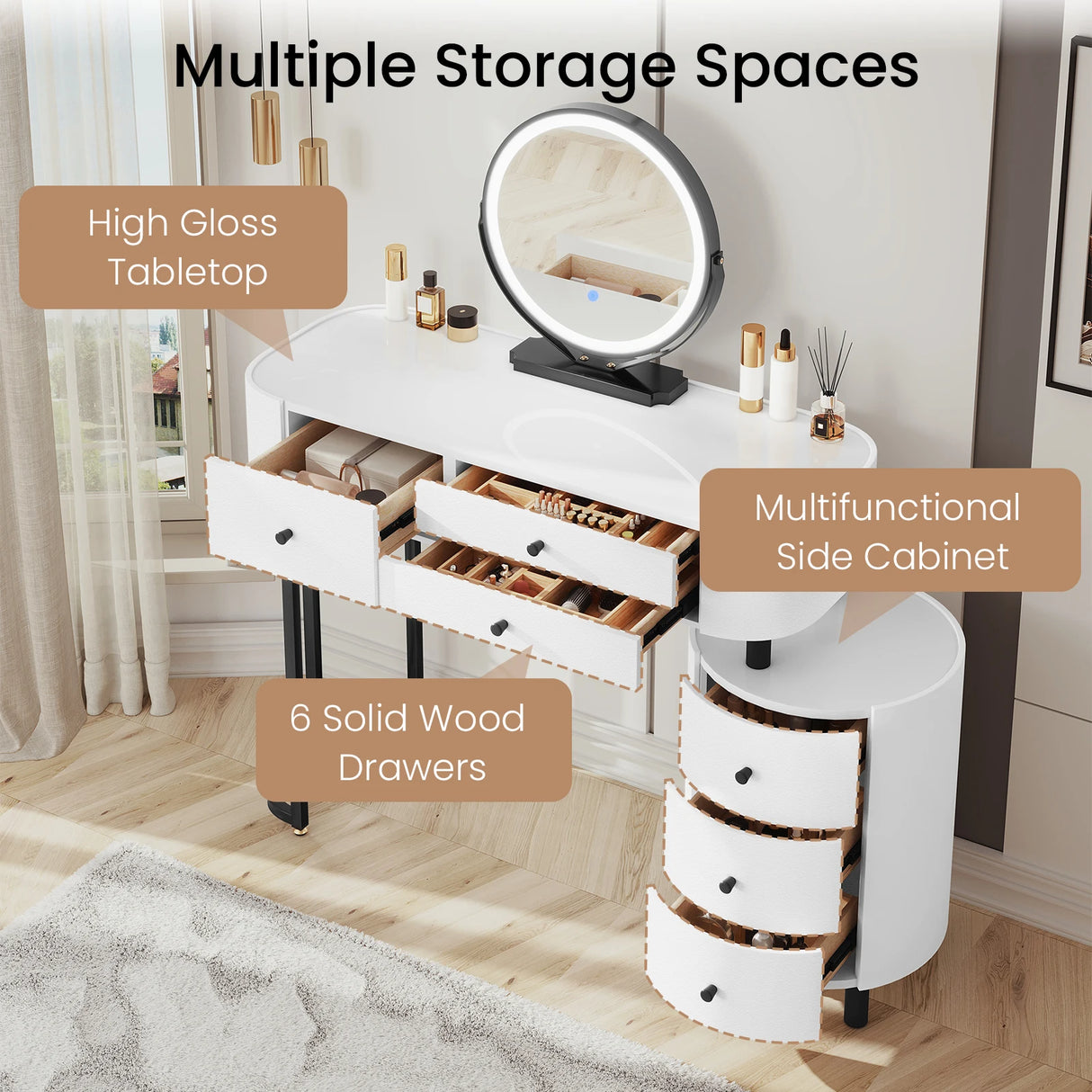 BukkitBow kaptafel met LED-verlichting, draaibare spiegel, zijkast en drie lichtkleuren, perfect voor make-up en slaapkamer.