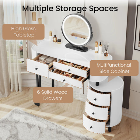BukkitBow kaptafel met LED-verlichting, draaibare spiegel, zijkast en drie lichtkleuren, perfect voor make-up en slaapkamer.