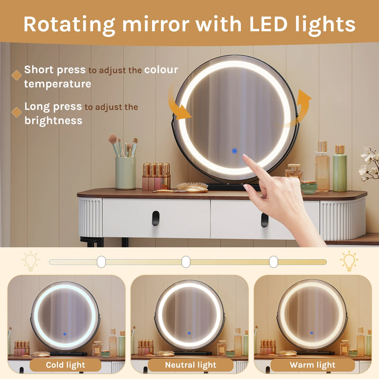 BukkitBow kaptafel met LED-verlichting, 360° draaibare spiegel en verstelbare zijkast, make-uptafel voor slaapkamer