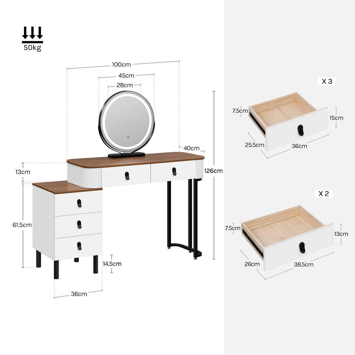 BukkitBow kaptafel met LED-verlichting, 360° draaibare spiegel en verstelbare zijkast, ideaal voor slaapkamer make-up en haarstyling.