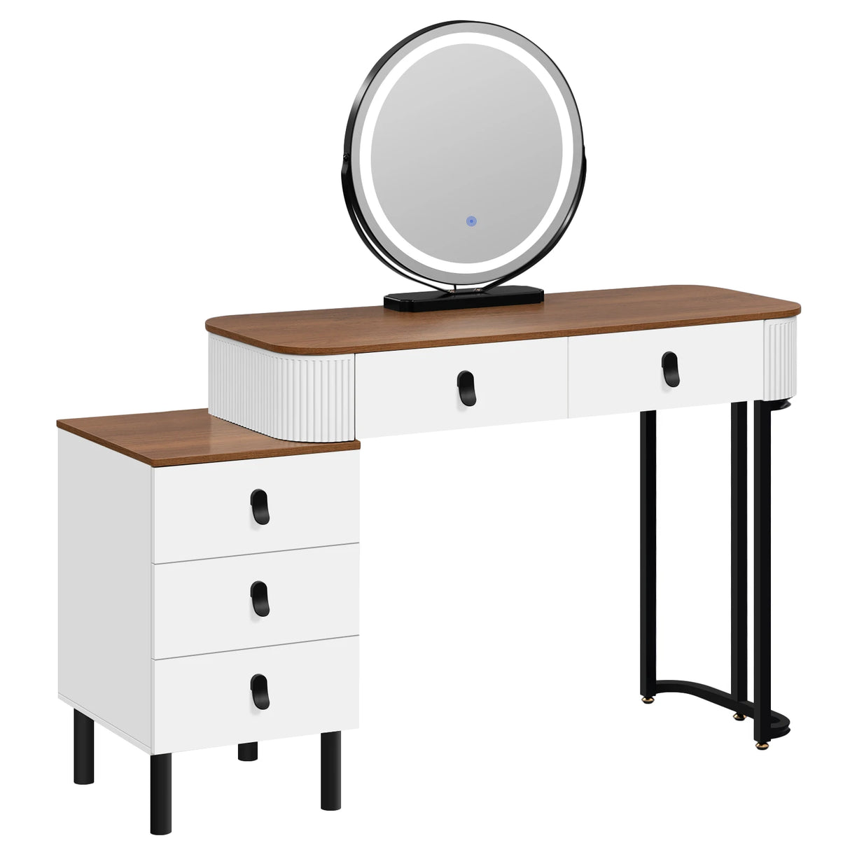BukkitBow kaptafel met LED-verlichting, 360° draaibare spiegel en verstelbare zijkast voor make-up en slaapkamer gebruik