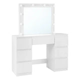 BukkitBow kaptafel met spiegel, LED-verlichting, 7 lades en stevig houten frame, afmetingen 110x140,5x39,5cm