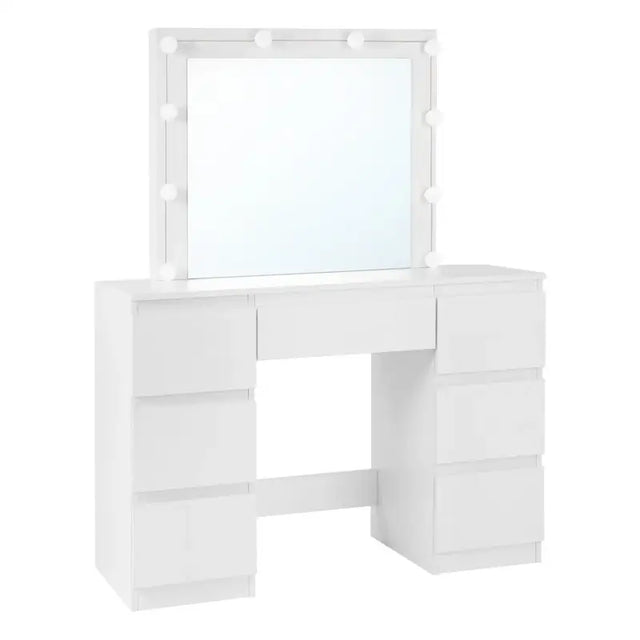 BukkitBow kaptafel met spiegel, LED-verlichting, 7 lades en stevig houten frame, afmetingen 110x140,5x39,5cm