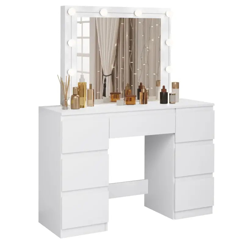 BukkitBow kaptafel met spiegel, LED-verlichting en 7 lades, stevig houten materiaal, afmetingen 110x140,5x39,5 cm