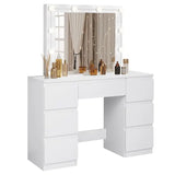 BukkitBow kaptafel met spiegel, LED-verlichting en 7 lades, stevig houten materiaal, afmetingen 110x140,5x39,5 cm