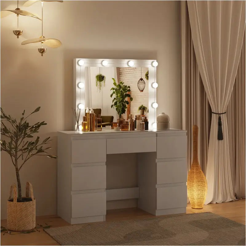 BukkitBow kaptafel met spiegel, LED-verlichting, 7 lades en stevig hout, afmeting 110x140,5x39,5 cm, elegante meubelstijl.