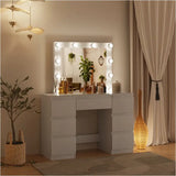 BukkitBow kaptafel met spiegel, LED-verlichting, 7 lades en stevig hout, afmeting 110x140,5x39,5 cm, elegante meubelstijl.