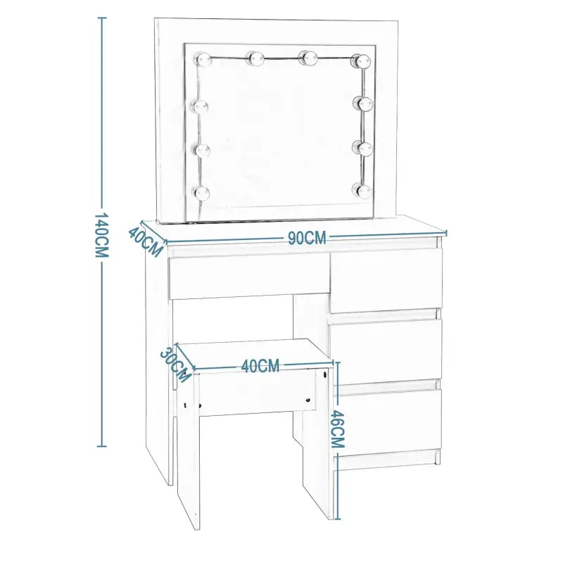BukkitBow kaptafel set met kruk, melamine panelen, spiegel en LED-verlichting, stijlvolle en praktische make-up tafel.