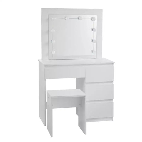 BukkitBow kaptafel set met kruk, melamine panelen, spiegel en LED-verlichting voor een stijlvolle slaapkamer of kleedkamer.