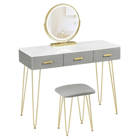 BukkitBow kaptafel set met LED spiegel, kruk, stevig hout, fluweel bekleding en gouden details, afmetingen 100x121,5x40 cm.