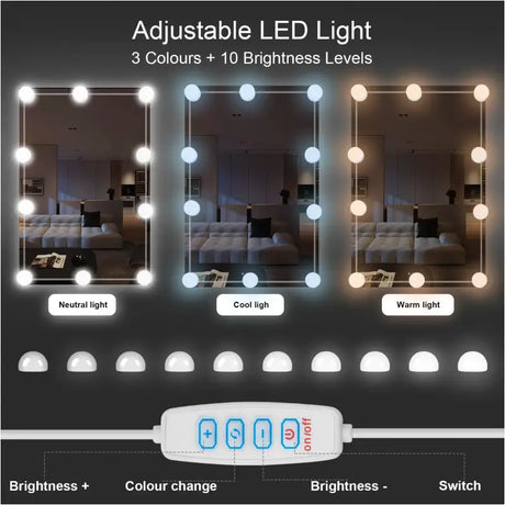 BukkitBow kaptafel set met verstelbare kruk, LED-verlichting en spiegel, inclusief verfijnd houten frame en moderne uitstraling.
