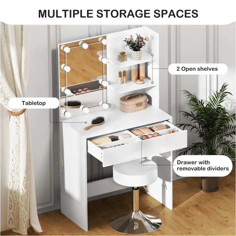 BukkitBow kaptafel set met verstelbare kruk, LED-verlichting en spiegel, zwart houten tafel met accessoires en spiegel.
