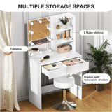 BukkitBow kaptafel set met verstelbare kruk, LED-verlichting en spiegel, zwart houten tafel met accessoires en spiegel.
