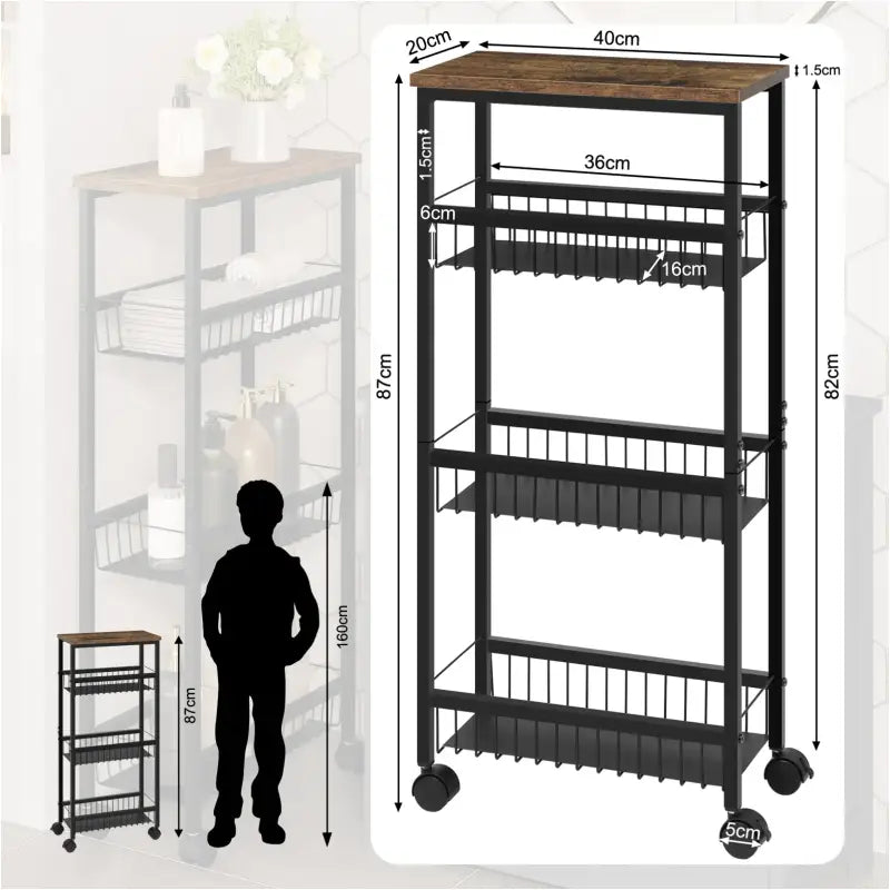 BukkitBow keukentrolley met 4 niveaus, zwart vintage houtlook, MDF en metaal, verplaatsbaar en ruimtebesparend in keuken.