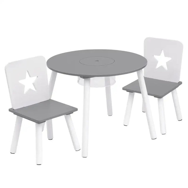Kinder Tafel en Stoelen Set van BukkitBow in wit en grijs, 59,5x46 cm met opbergvak, gemaakt van pijnhout.