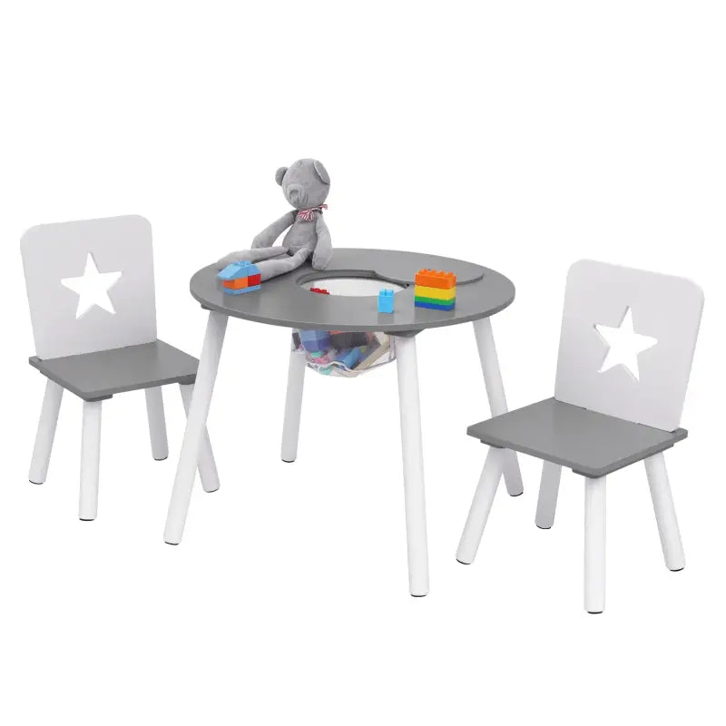 BukkitBow kinder tafel en stoelen set van pijnhout, wit en grijs, met opbergvak, afmeting 59,5x46 cm, geschikt voor kinderen.