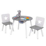 BukkitBow kinder tafel en stoelen set van pijnhout, wit en grijs, met opbergvak, afmeting 59,5x46 cm, geschikt voor kinderen.