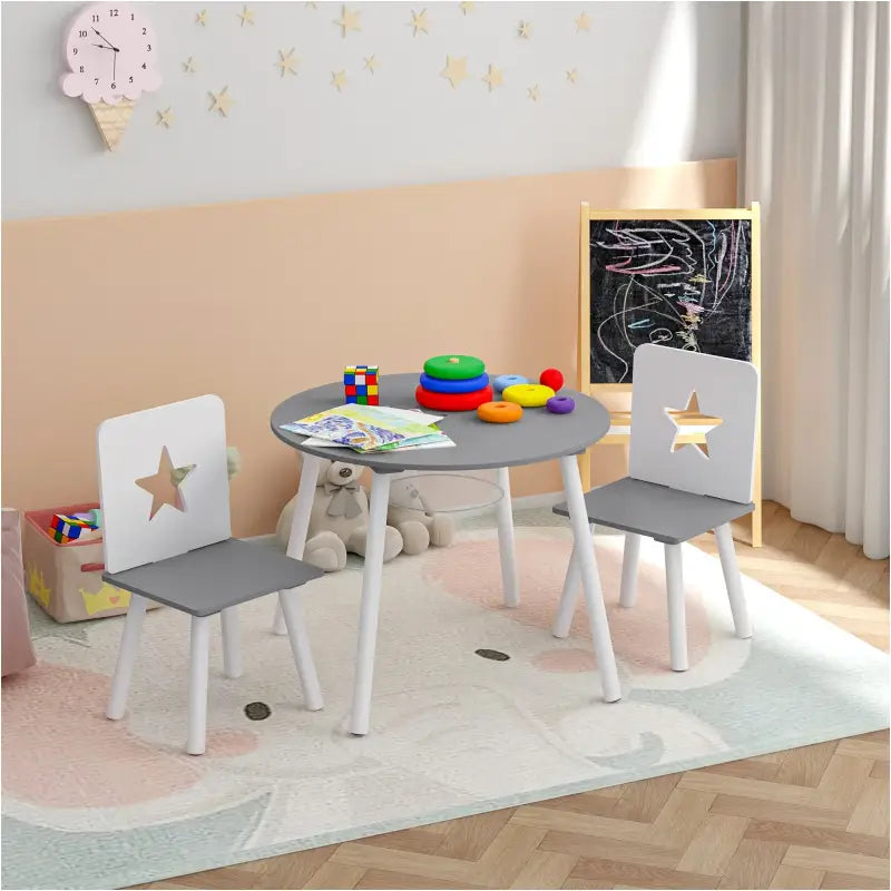 Kinder Tafel en Stoelen Set van BukkitBow in wit en grijs, pijnhouten materiaal met opbergvak, compacte afmetingen 59,5x46 cm.
