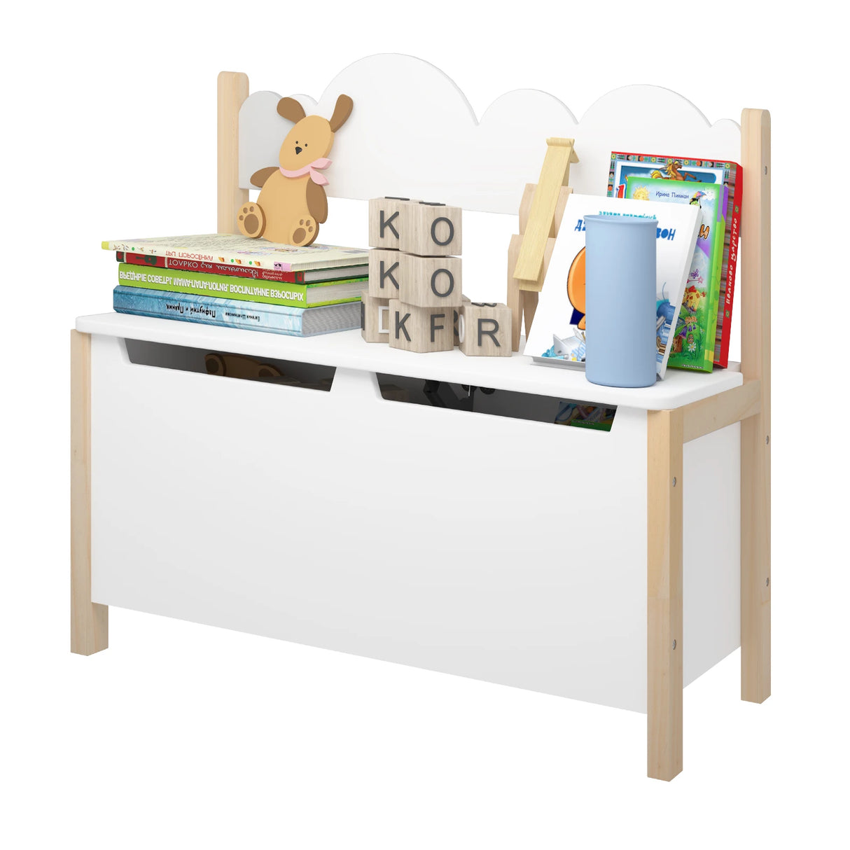 Wit houten kinderbankje van BukkitBow met opbergruimte, 60 cm breed, geschikt als zitbank en speelgoedkist.