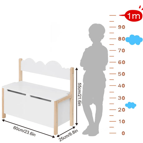 Wit houten kinderbank met opbergruimte, 60 cm breed, BukkitBow speelbankje en speelgoedkist voor kinderen.