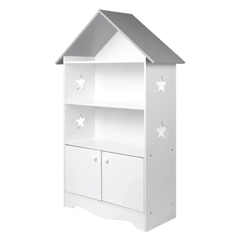 BukkitBow kinderboekenkast in huisvorm, wit met grijze details, 3 planken en opslagkast, afmetingen 62x115x27cm