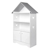 BukkitBow kinderboekenkast in huisvorm, wit met grijze details, 3 planken en opslagkast, afmetingen 62x115x27cm